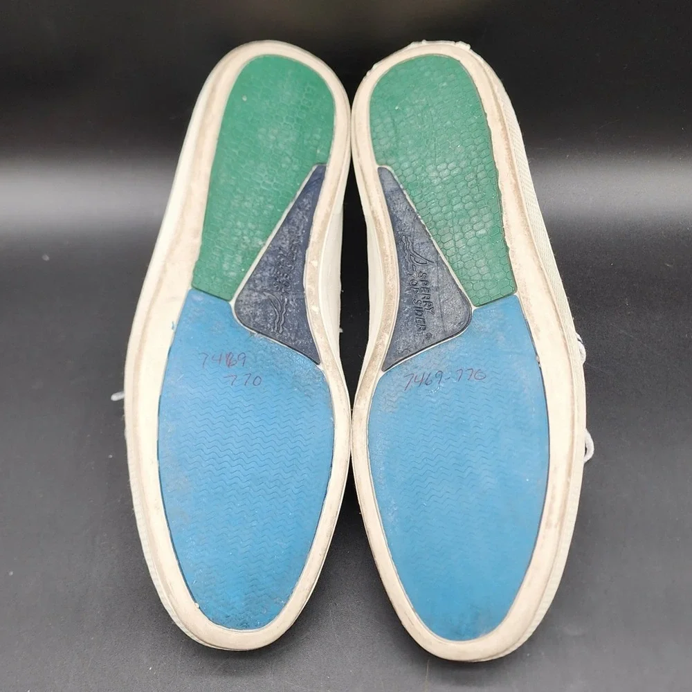 Sperry Size 13 M White Blue Leather Boat Shoes Nautical Preppy Coastal Casual LO